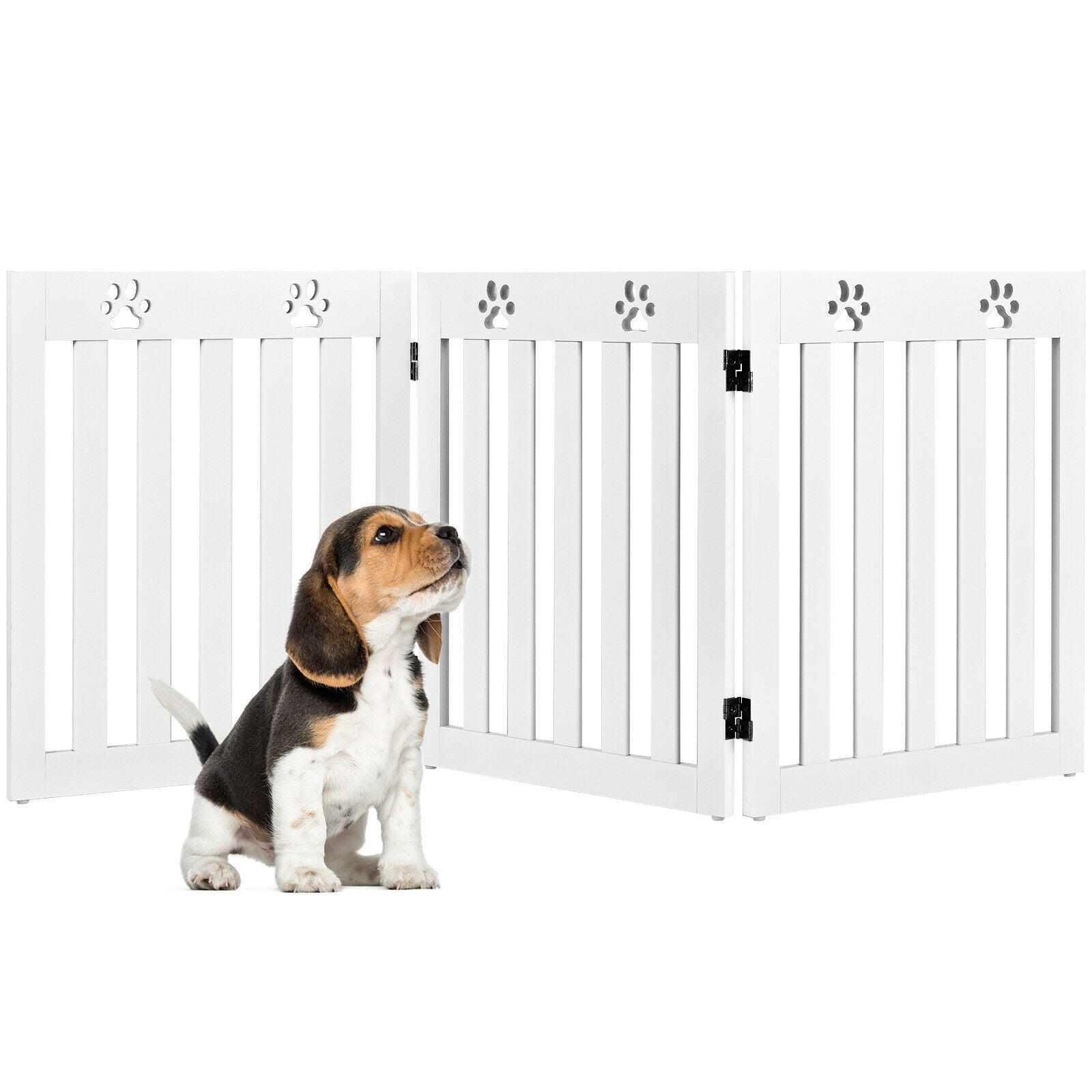 24 Inch Folding Wooden Freestanding Dog Gate with 360¬∞ Flexible Hinge for Pet