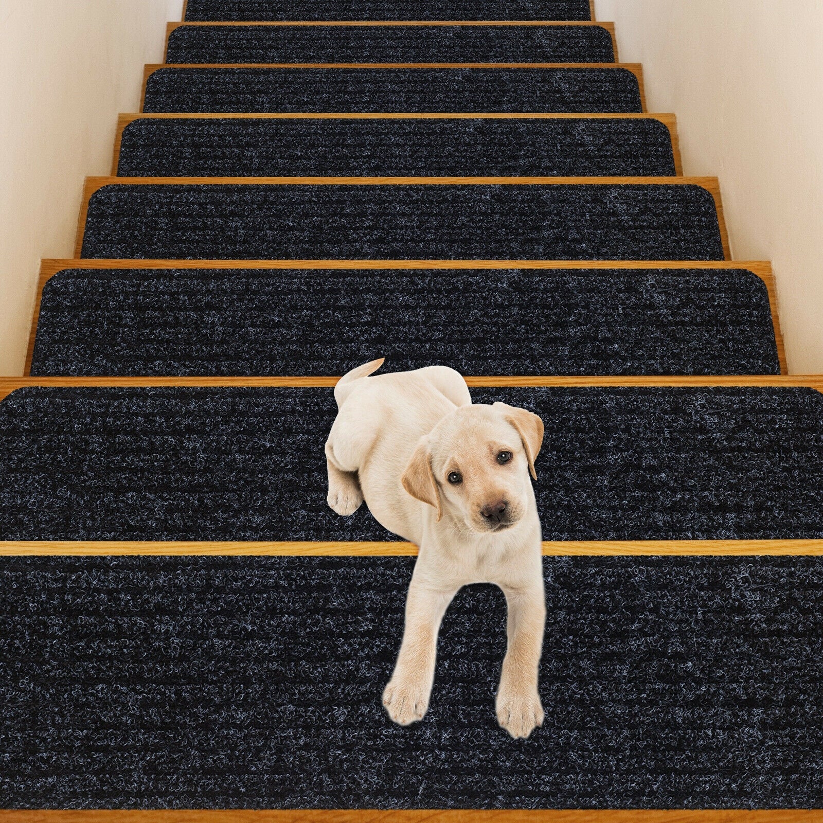 15 Pieces 30 x 8 Inch Slip Resistant Soft Stair Treads Carpet Black