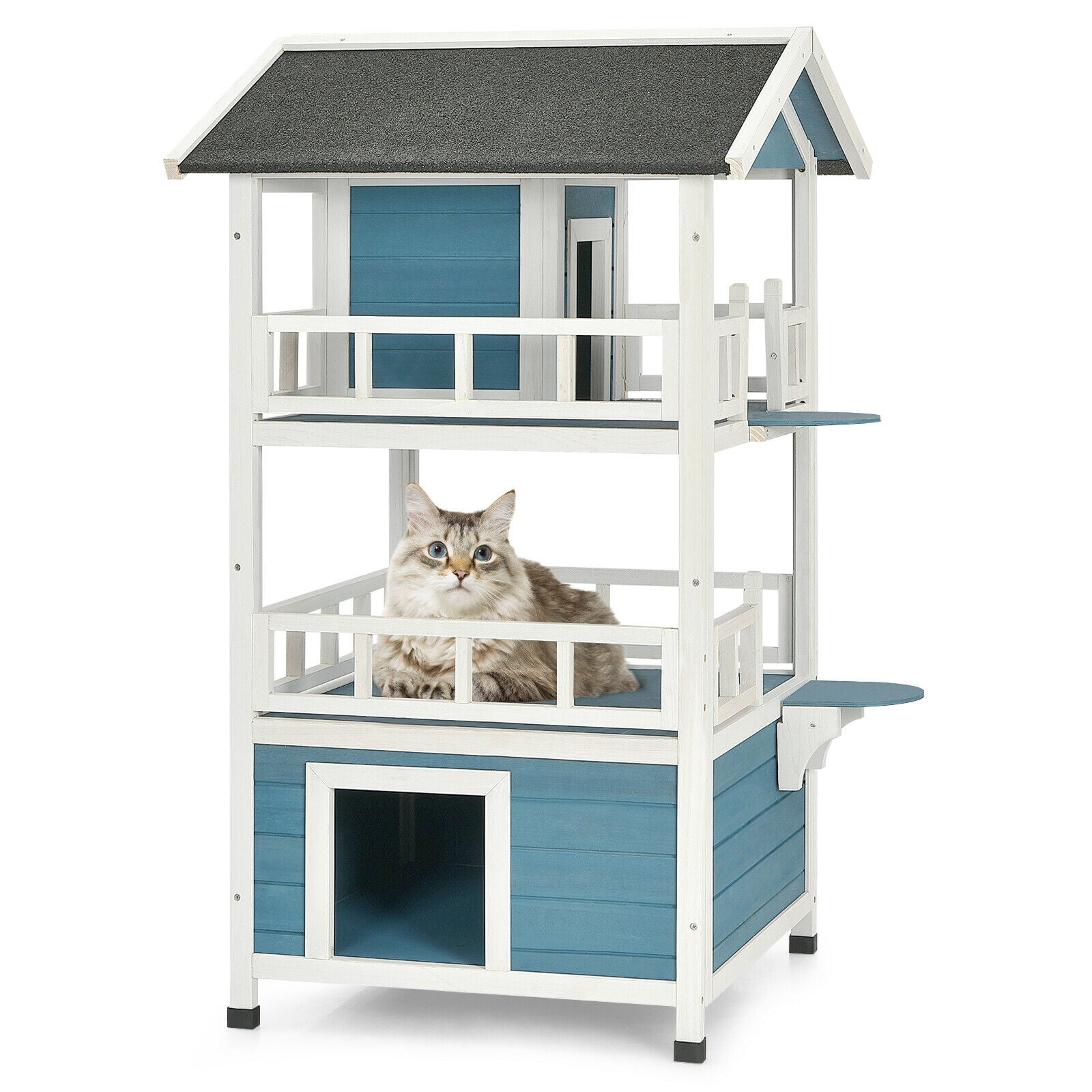 2-Story Outdoor Wooden Catio Cat House Shelter with Enclosure Default Title
