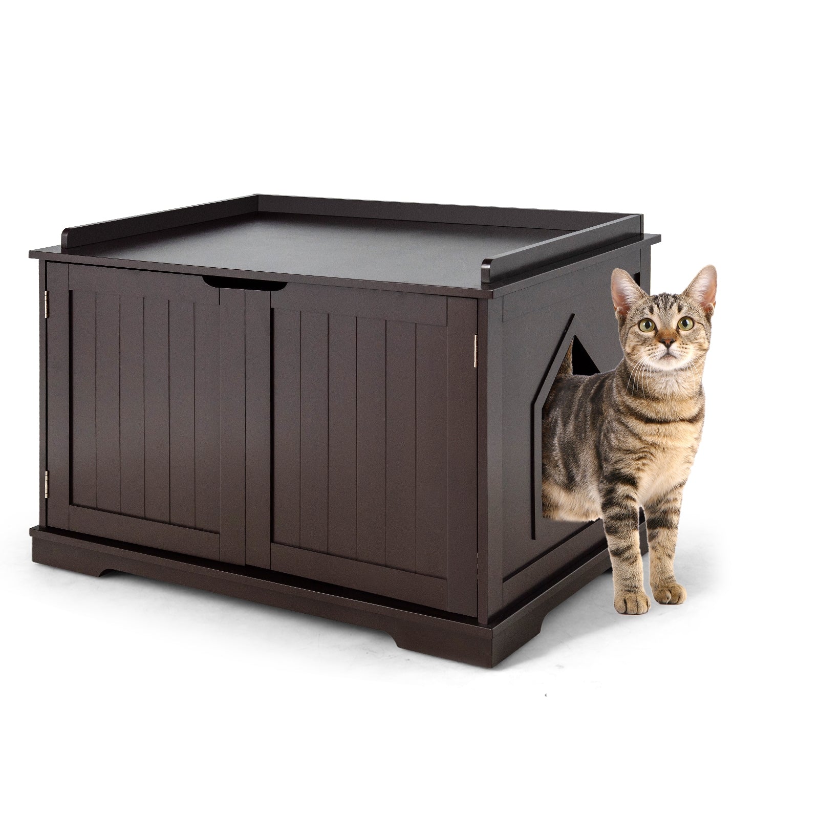 Cat Litter Box Enclosure with Double Doors for Large Cat and Kitty Brown