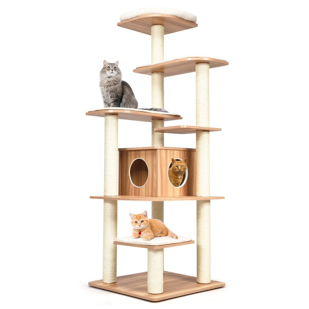 7-Layer Wooden Cat Tree Tall Cat Tower with Sisal Posts and Condo