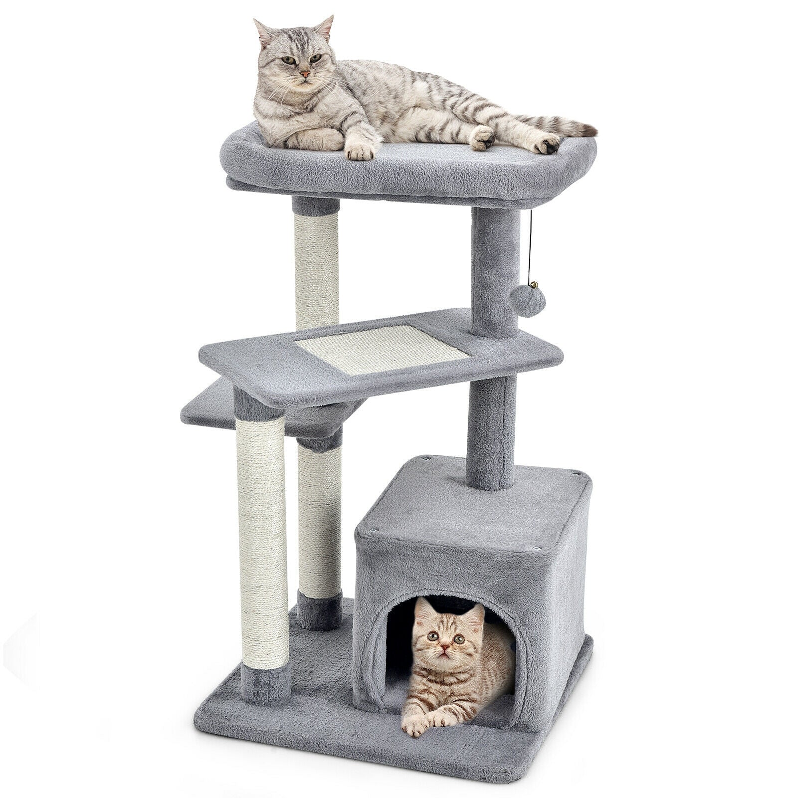Cat Tree with Perch and Hanging Ball for Indoor Activity Play and Rest Gray