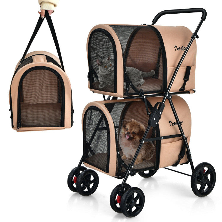 4-in-1 Double Pet Stroller with Detachable Carrier and Travel Carriage Beige