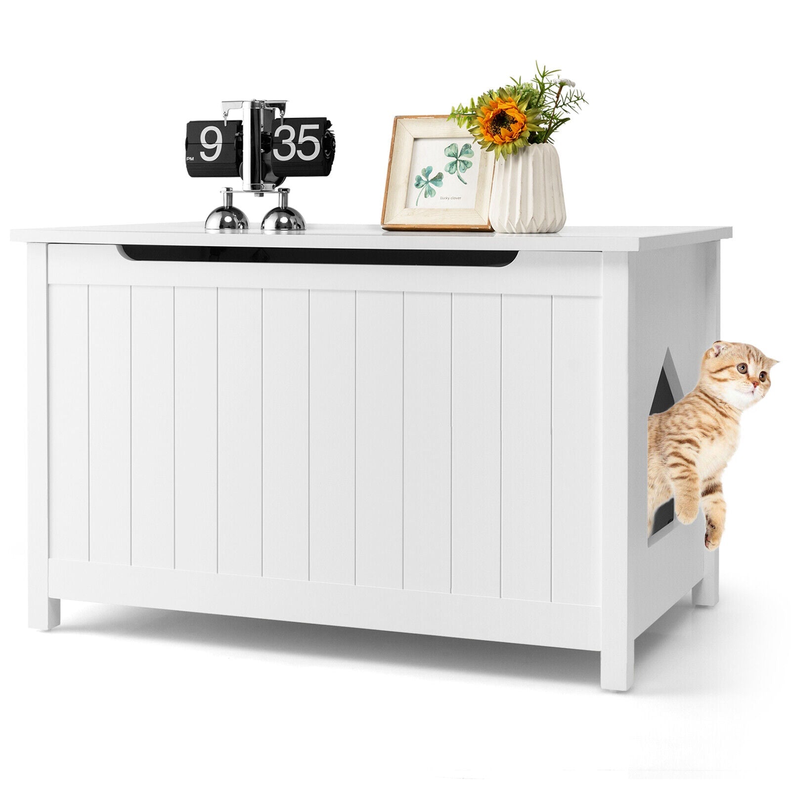 Wooden Cat Litter Box Enclosure with Top Opening Side Table Furniture White