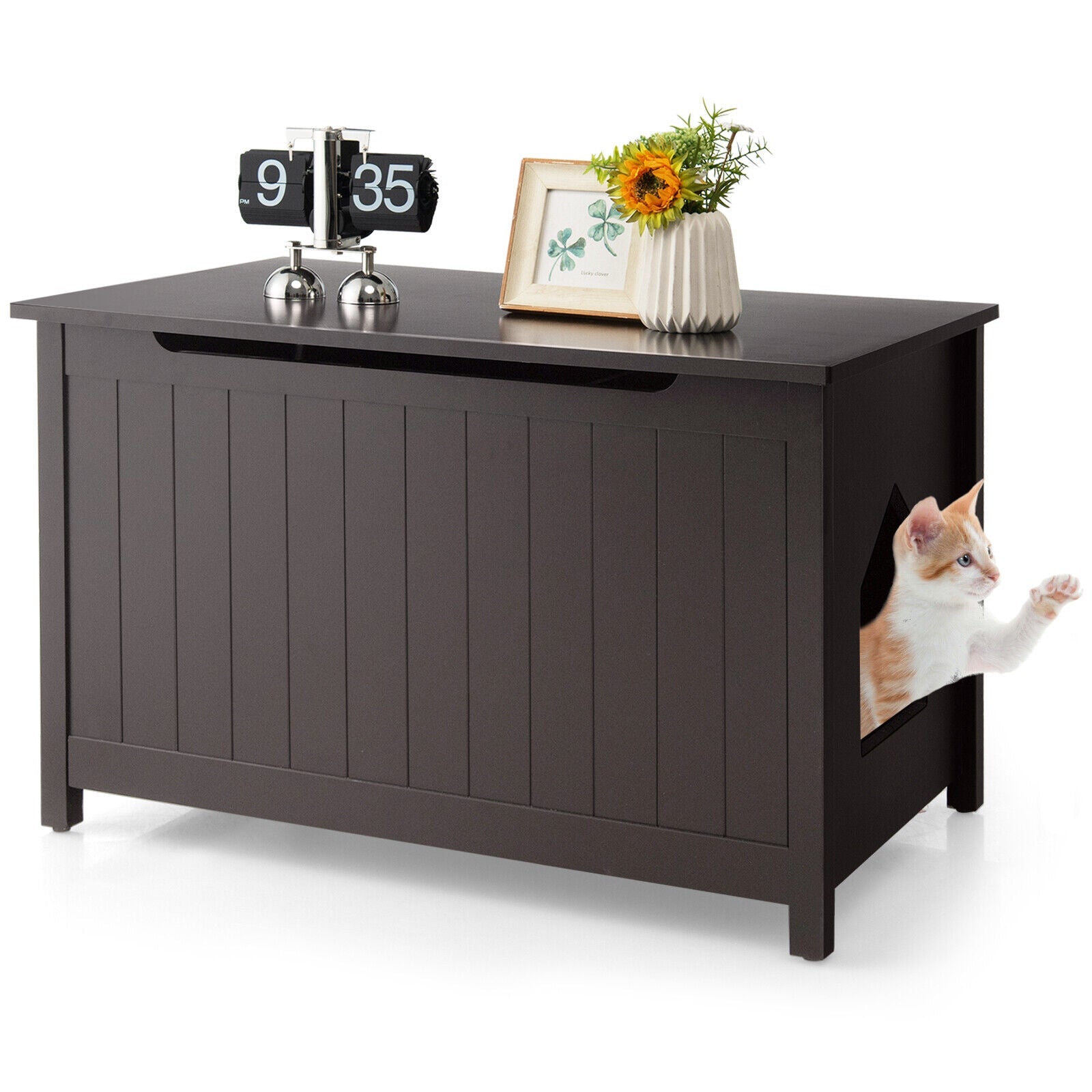 Wooden Cat Litter Box Enclosure with Top Opening Side Table Furniture Coffee