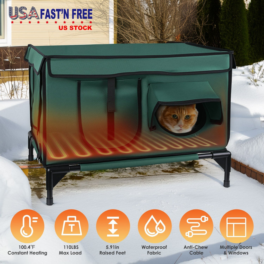 Waterproof Heated Cat House Outdoor Weatherproof Insulated Kitty Shelter Feral Cat Heating Bed with Heating Pad Anti-Chew Cord 2 Doors 3 Windows for I