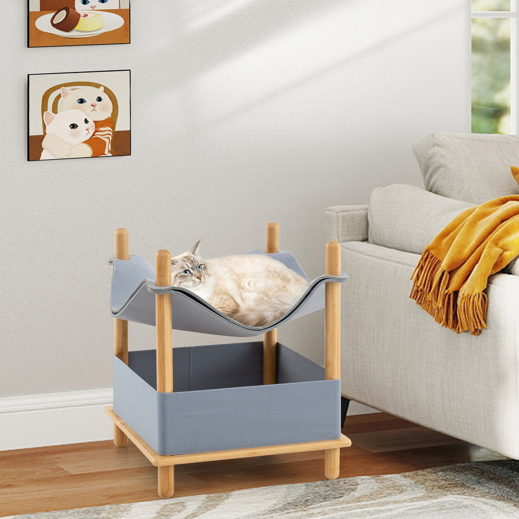 2-Tier Wooden Cat House with Semi-enclosed Condo and Removable Clothes-Gray
