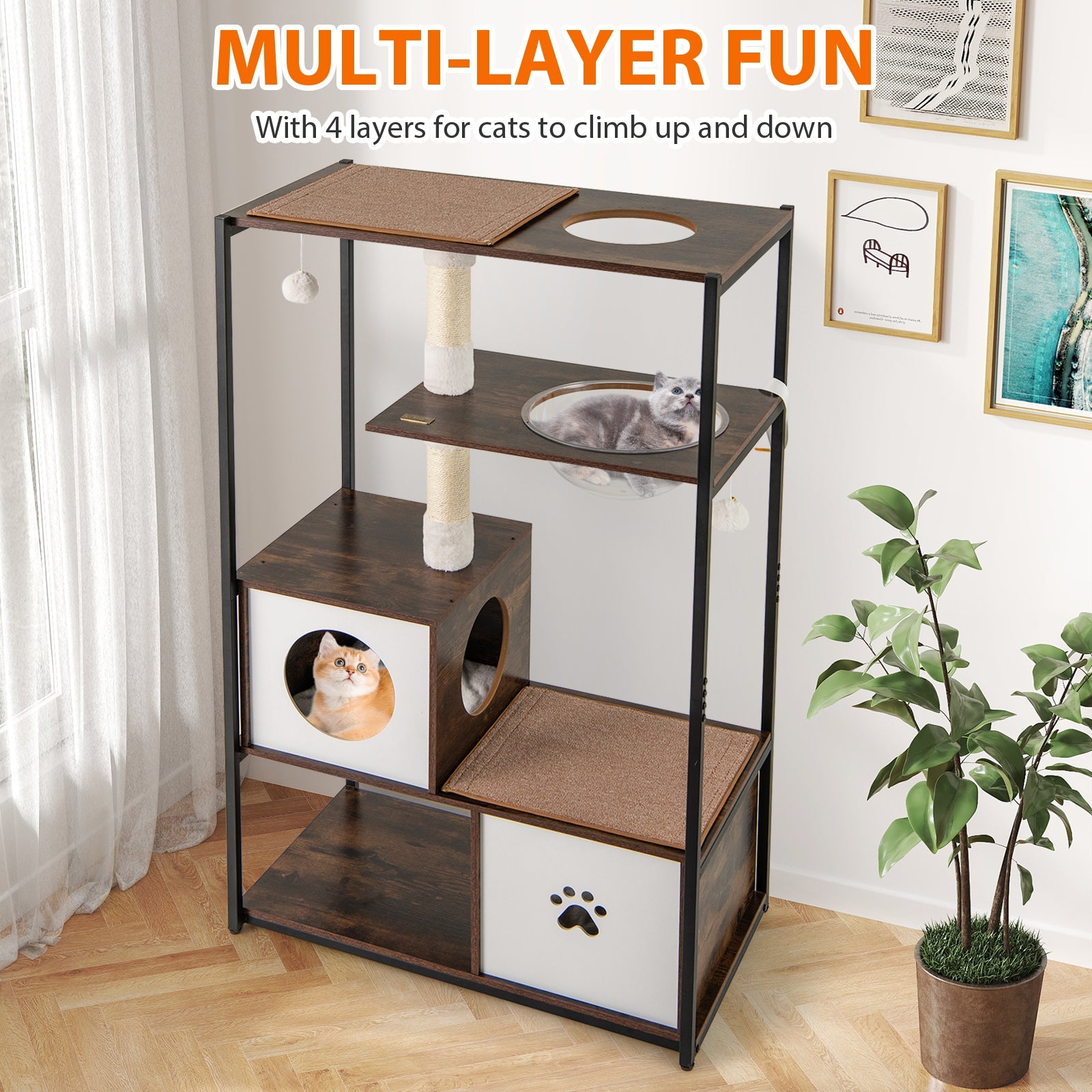 52 Inch Tall Wooden Cat Tree Metal Frame with 2 Condos and Cushions-Coffee