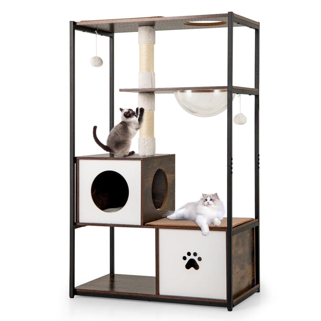 52 Inch Tall Wooden Cat Tree Metal Frame with 2 Condos and Cushions-Coffee