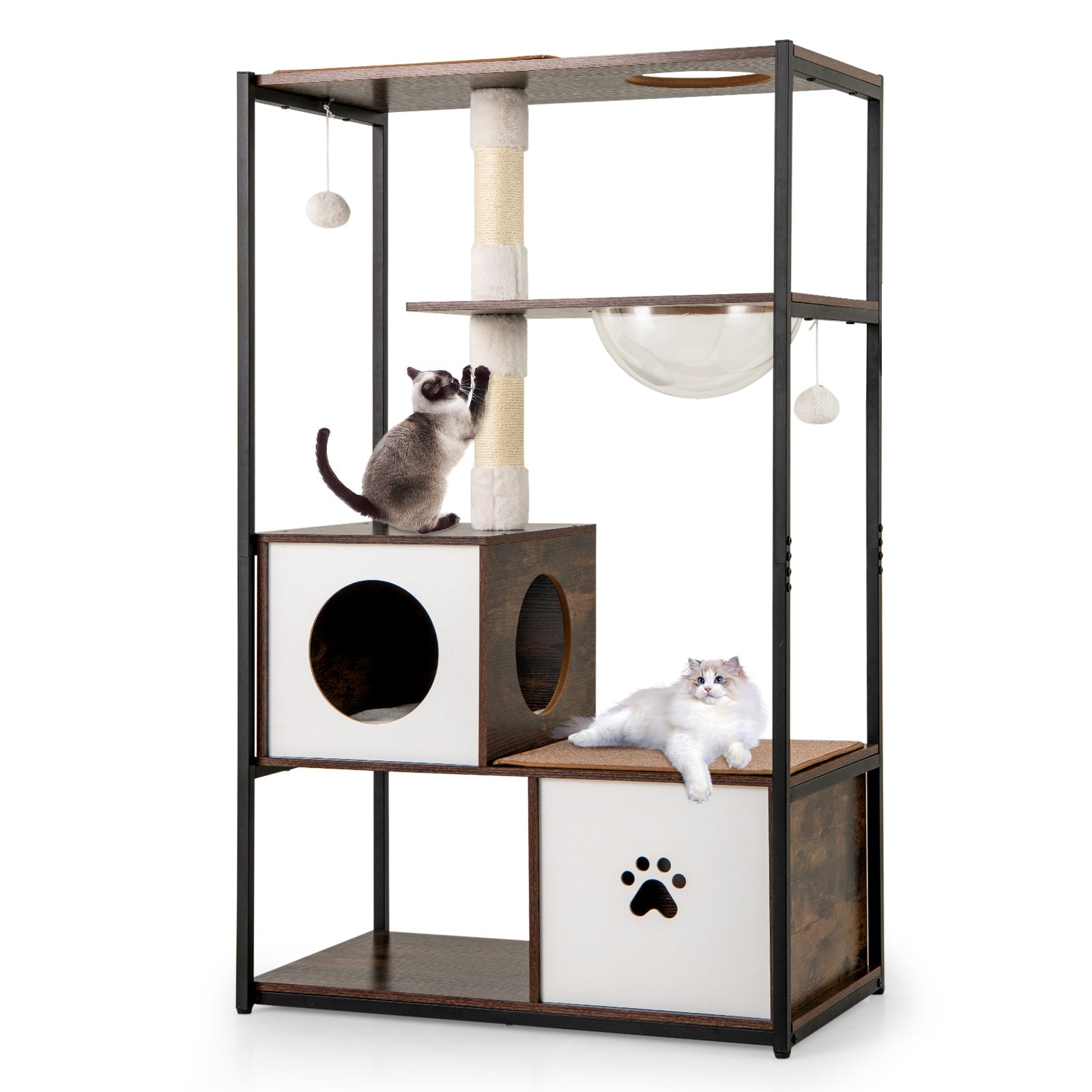 52 Inch Tall Wooden Cat Tree Metal Frame with 2 Condos and Cushions-Coffee
