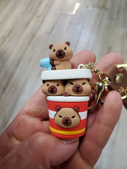 Capybara Bag Clip w/Keychain 4 in a coffee cup