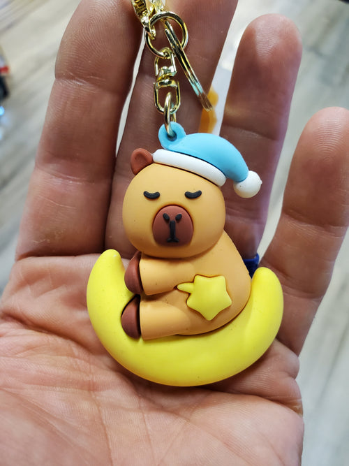 Capybara Bag Clip w/Keychain Sleeping on the moon
