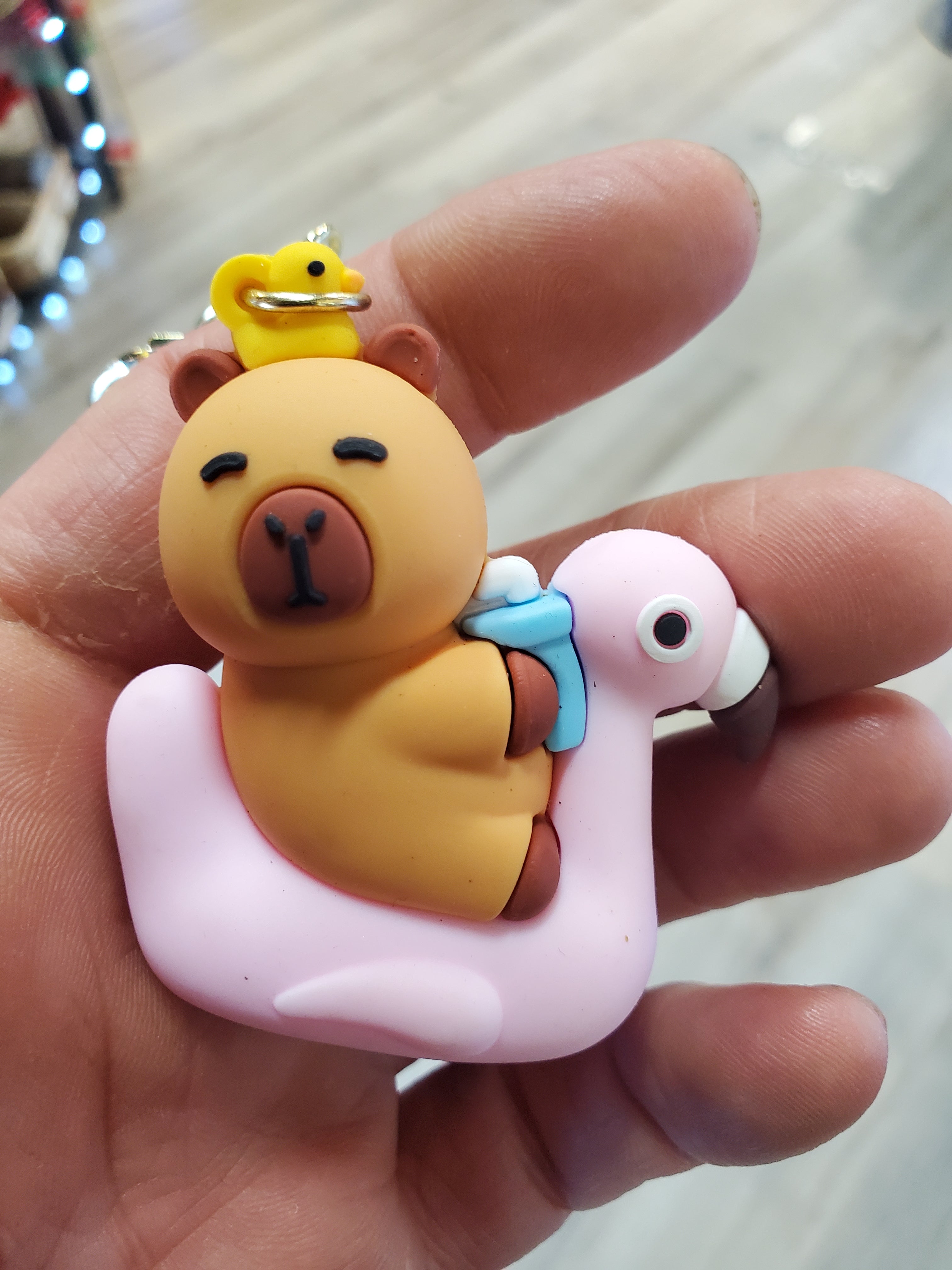 Capybara Bag Clip w/Keychain Riding a flamingo