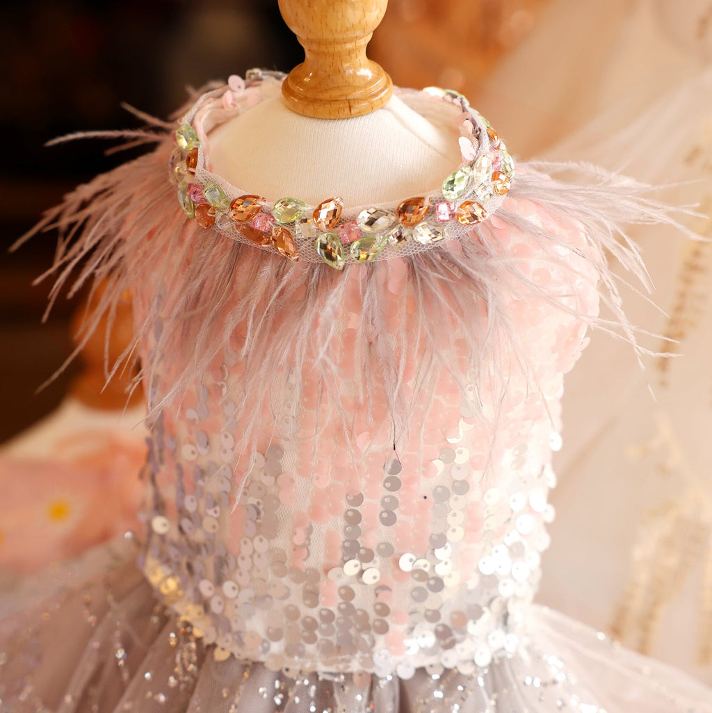 Luxury Sequin Pet Long Train Dress with Feather Collar Princess Dog Gown