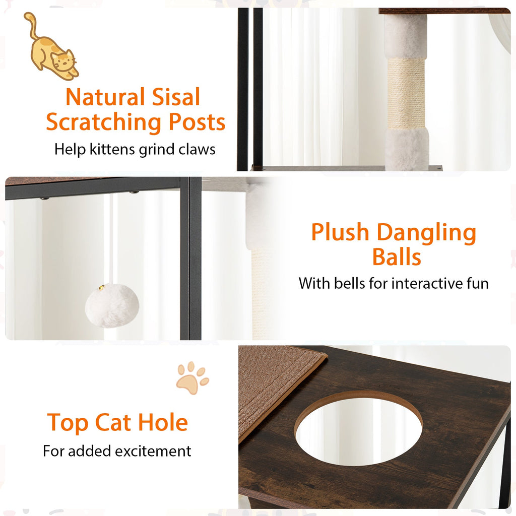 52 Inch Tall Wooden Cat Tree Metal Frame with 2 Condos and Cushions-Coffee