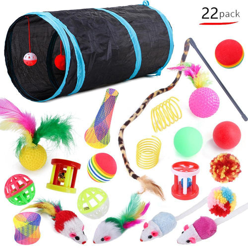 22-Piece Funny Cat Toy Set With Cat Tunnel - Interactive Pet Toys For Endless Fun B99501 22 Pieces