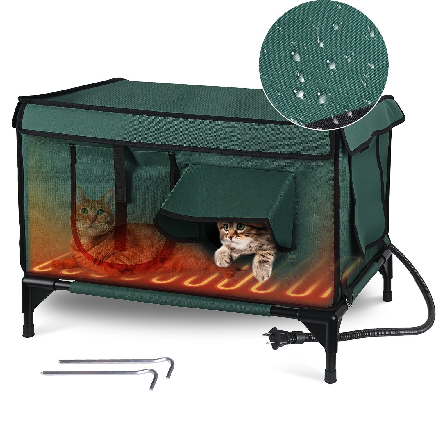 Waterproof Heated Cat House Outdoor Weatherproof Insulated Kitty Shelter Feral Cat Heating Bed with Heating Pad Anti-Chew Cord 2 Doors 3 Windows for I