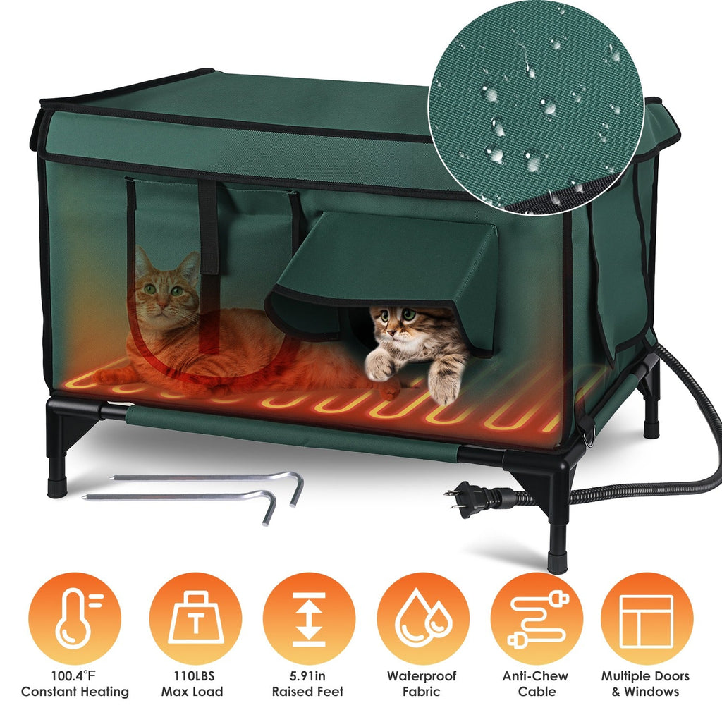 Waterproof Heated Cat House Outdoor Weatherproof Insulated Kitty Shelter Feral Cat Heating Bed with Heating Pad Anti-Chew Cord 2 Doors 3 Windows for I