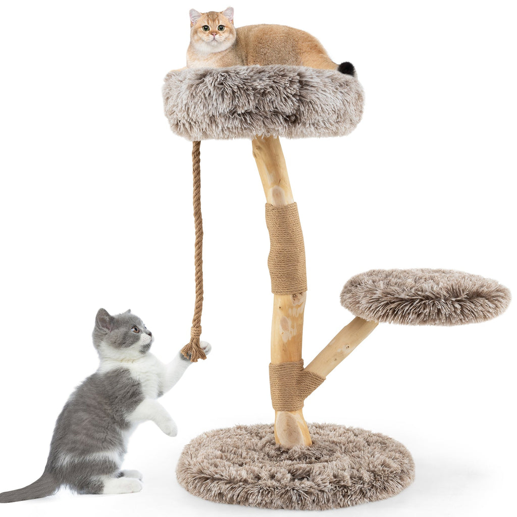Modern Wooden Cat Tree Tower with Perch and Natural Jute Scratching Posts-Brown Default Title