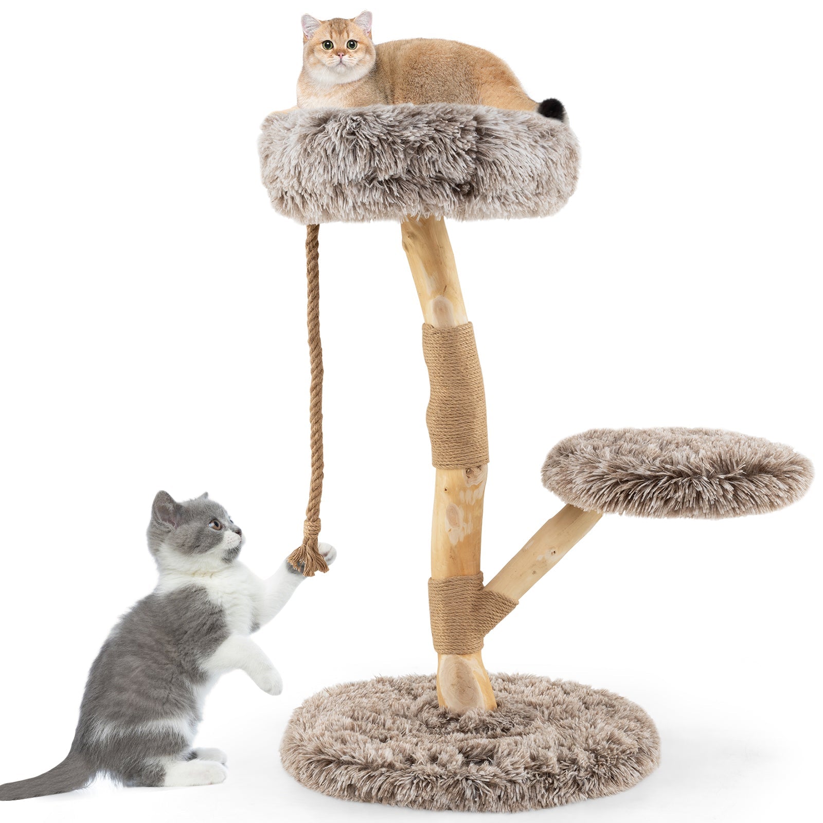 Modern Wooden Cat Tree Tower with Perch and Natural Jute Scratching Posts-Brown Default Title