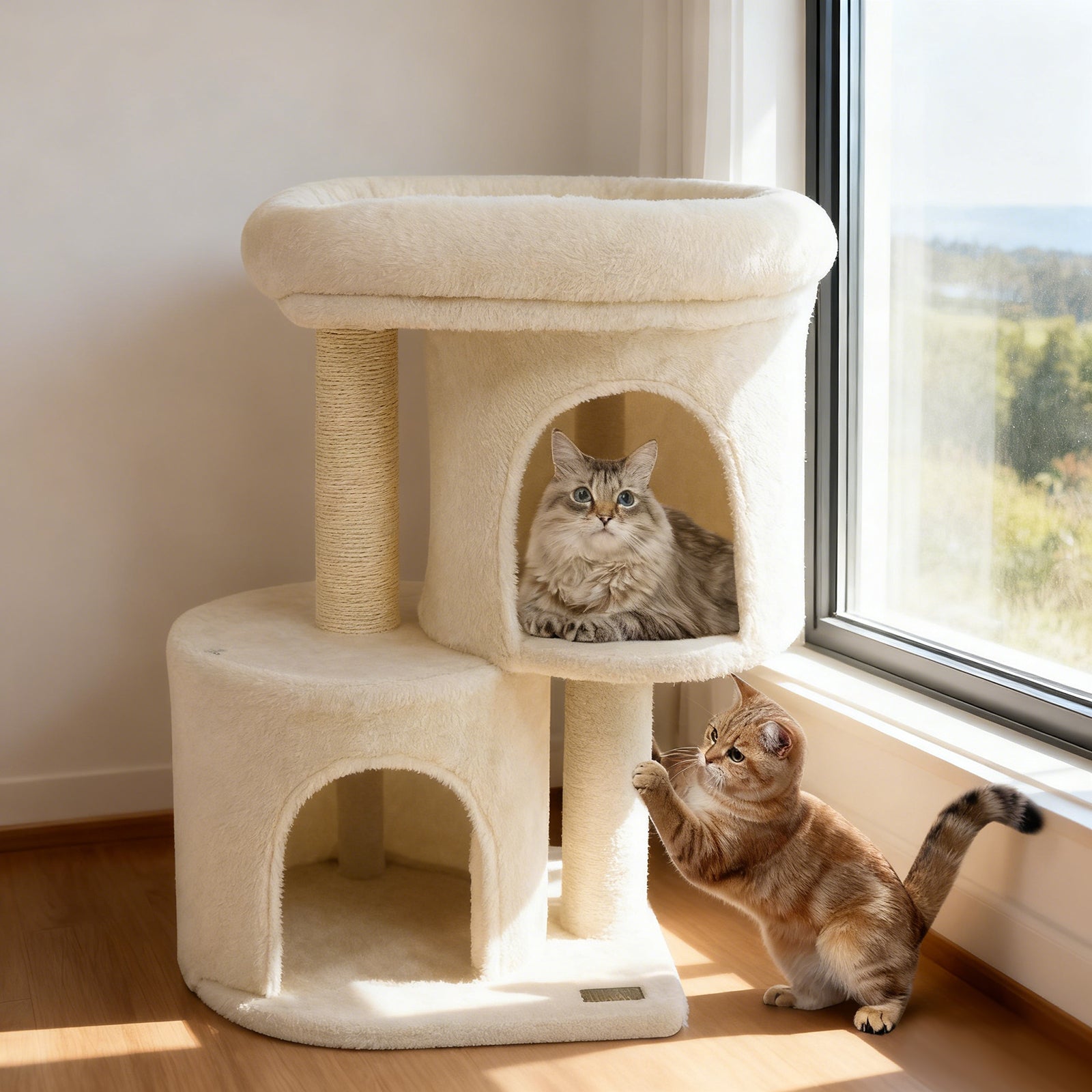 26 Inch Cat Tower with Large Padded Push Perch and Dual Condos