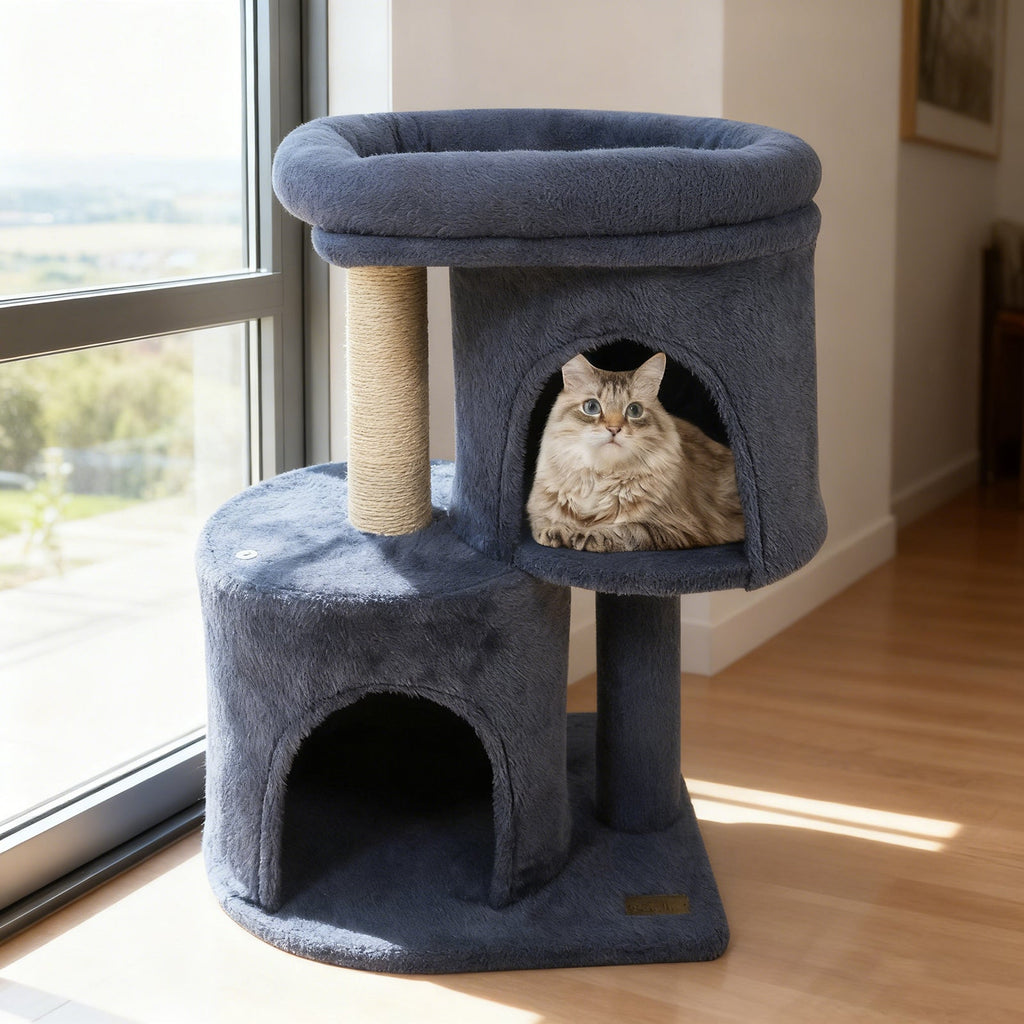 26 Inch Cat Tower with Large Padded Push Perch and Dual Condos