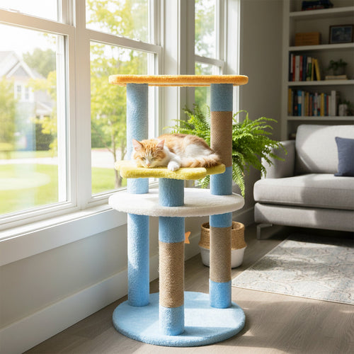 29 Inches Cute Modern Cat Tree with Star and Moon Shaped Platforms Blue