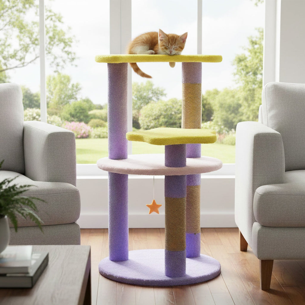 29 Inches Cute Modern Cat Tree with Star and Moon Shaped Platforms Purple