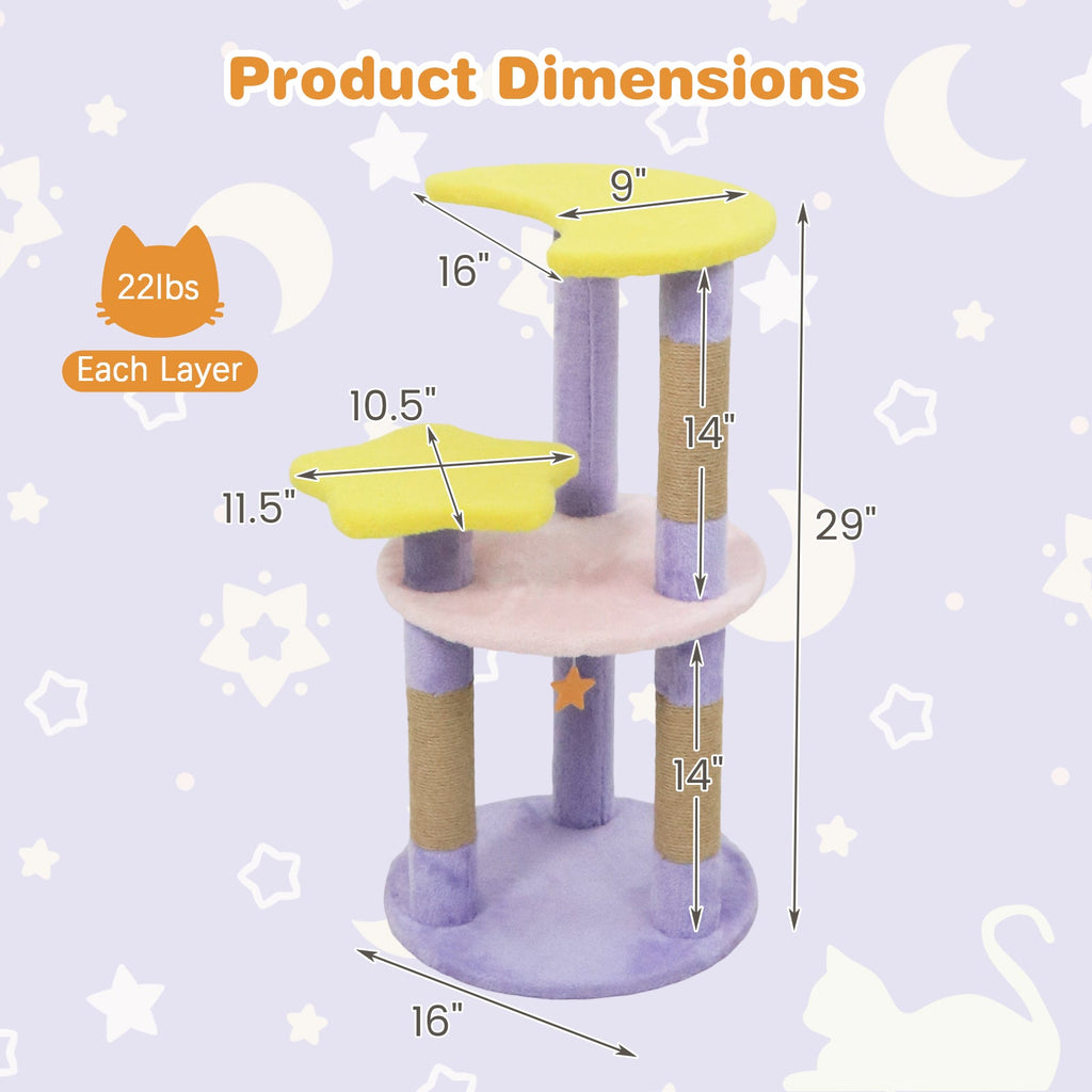 29 Inches Cute Modern Cat Tree with Star and Moon Shaped Platforms