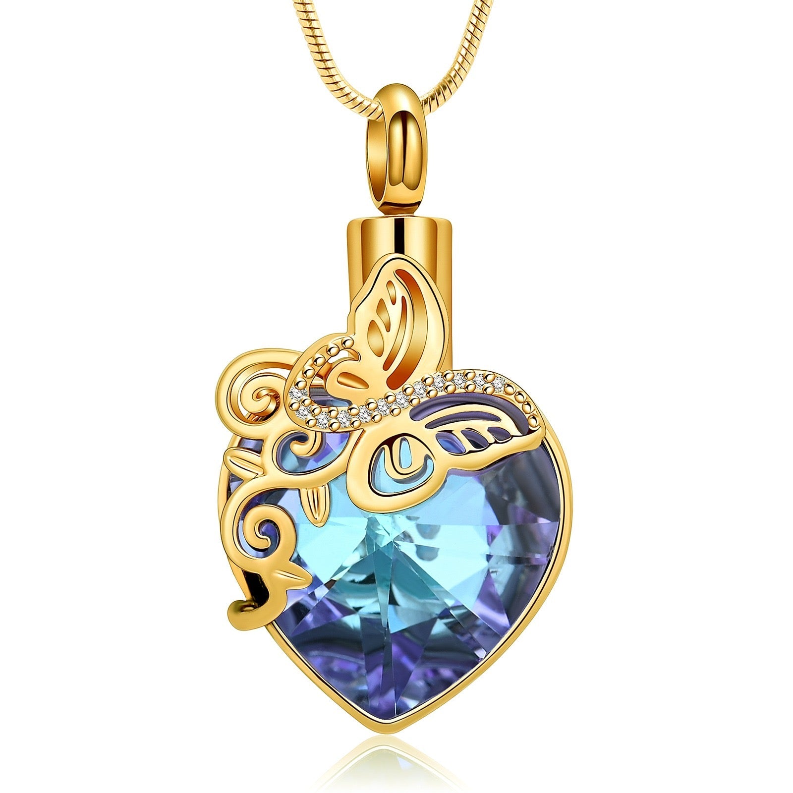 Gold Heart Butterfly Jeweled Cremation Necklace Pendant