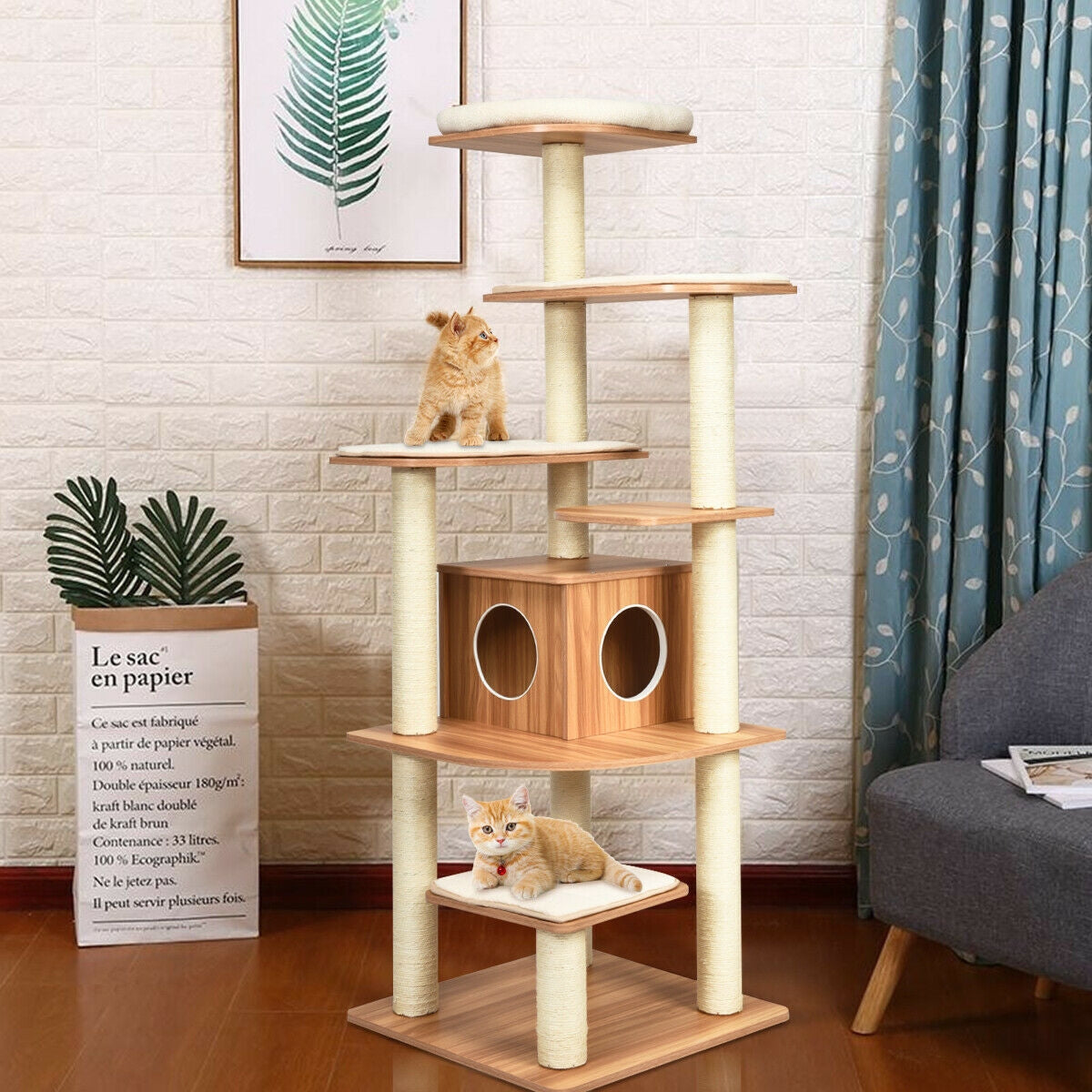 7-Layer Wooden Cat Tree Tall Cat Tower with Sisal Posts and Condo