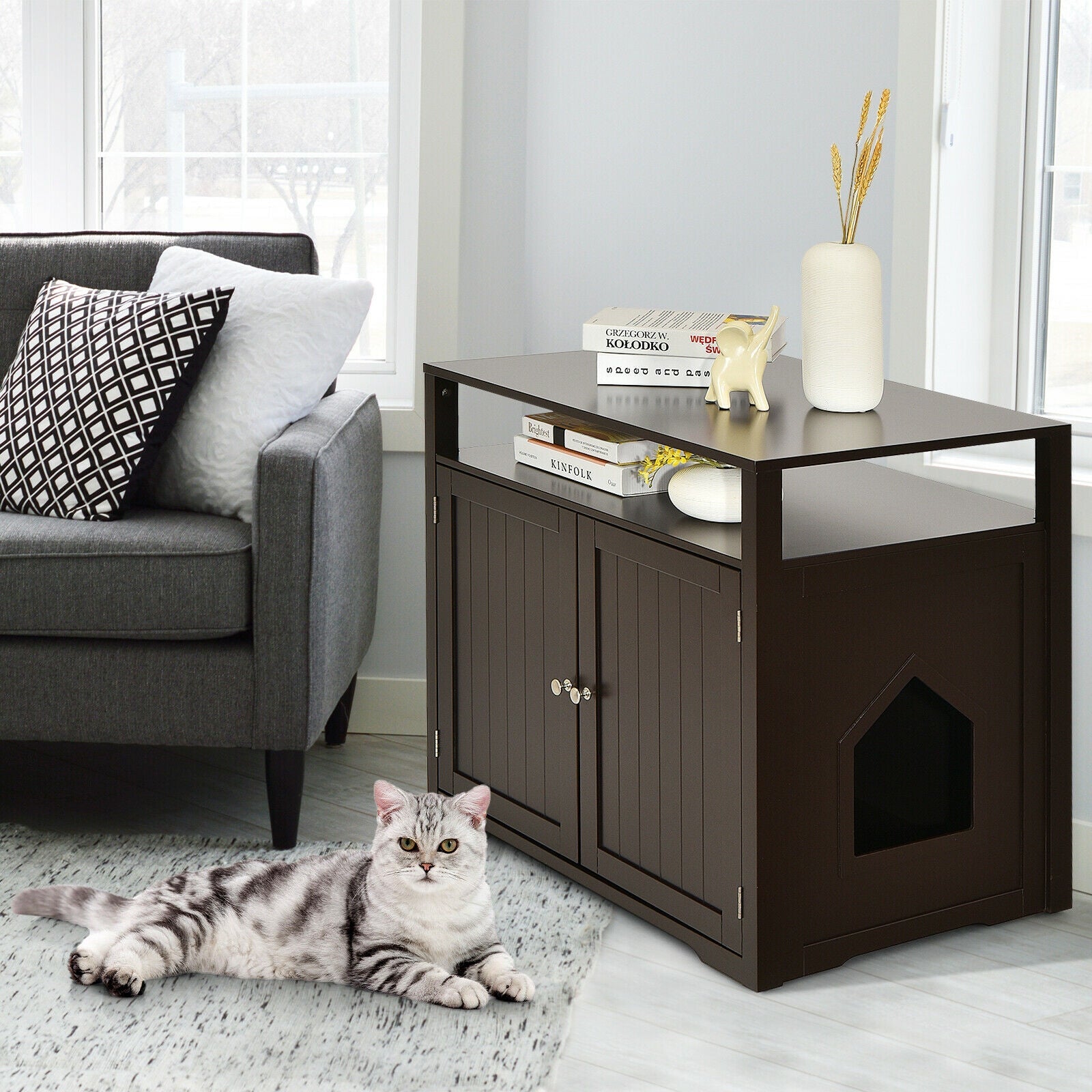 Wooden Cat Litter Box Enclosure Hidden Cat Washroom with Storage Layer