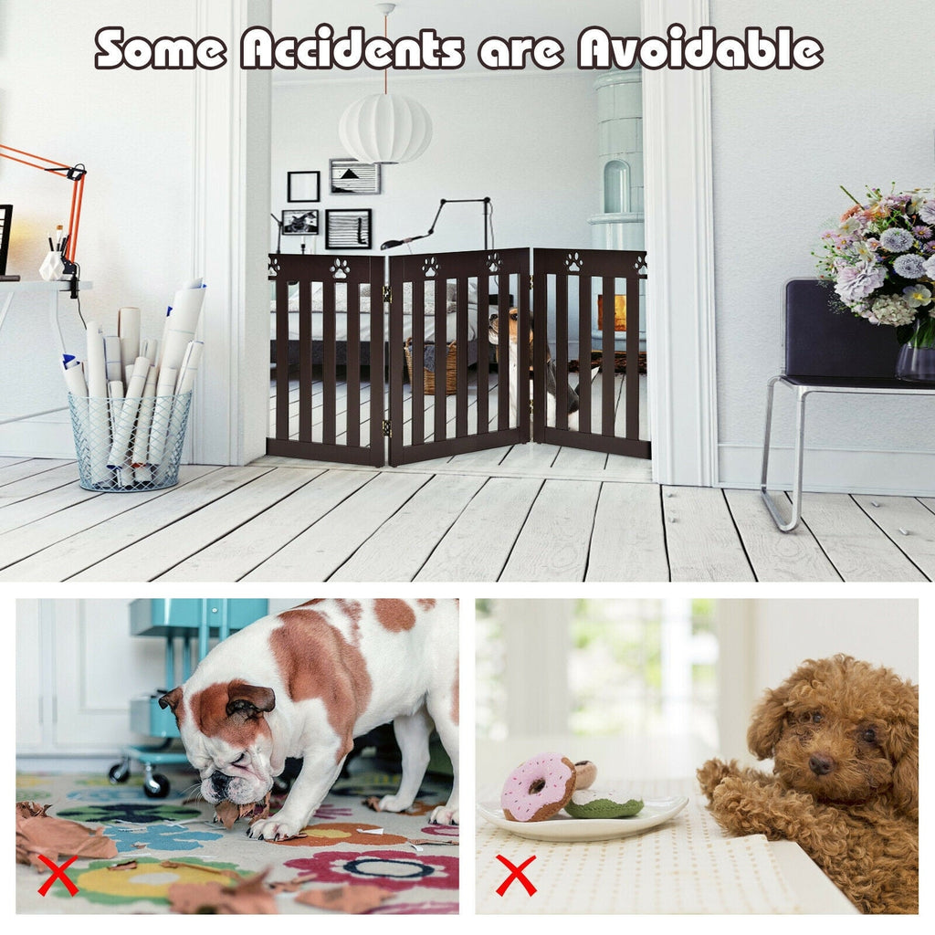 24 Inch Folding Wooden Freestanding Dog Gate with 360¬∞ Flexible Hinge for Pet Dark Brown