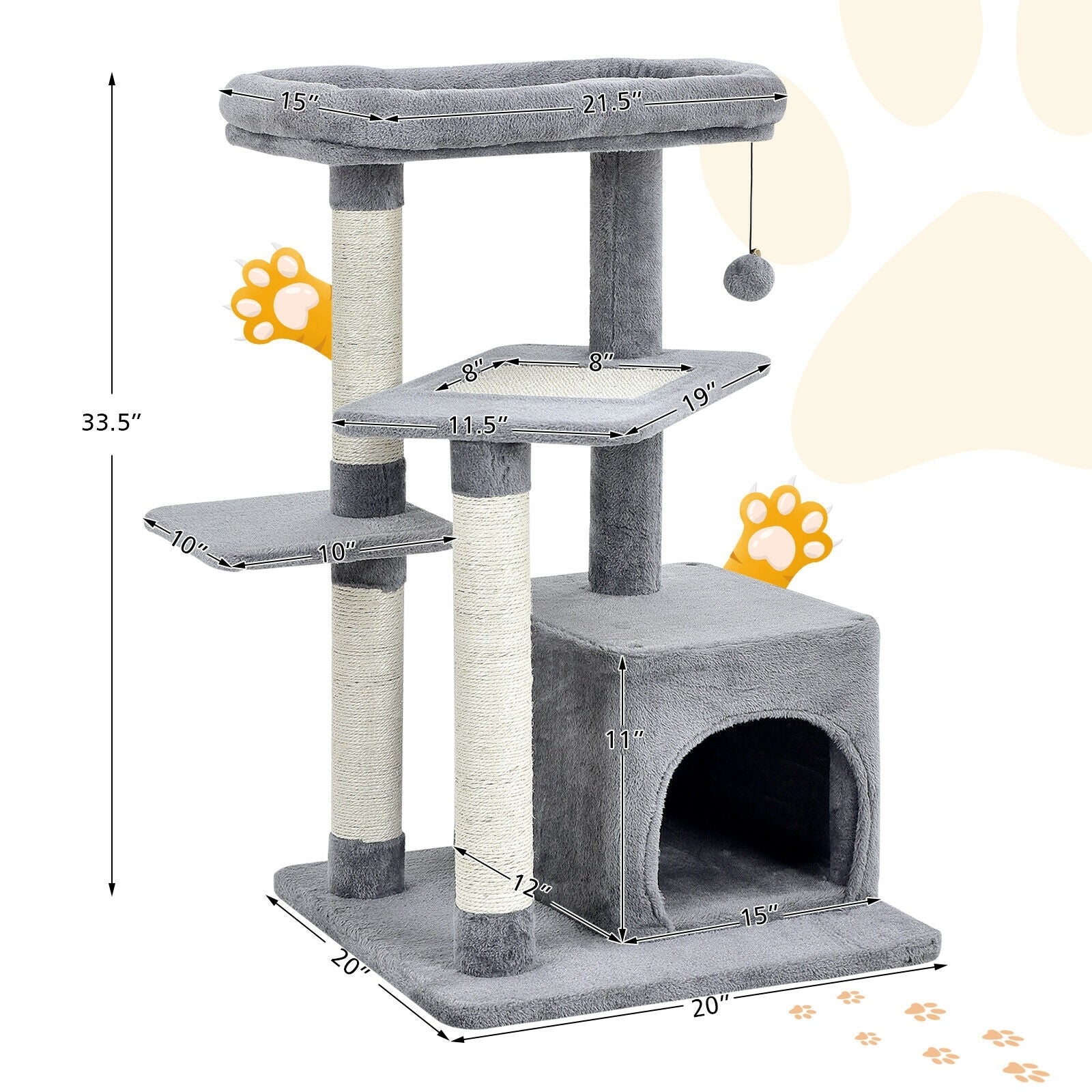 Cat Tree with Perch and Hanging Ball for Indoor Activity Play and Rest