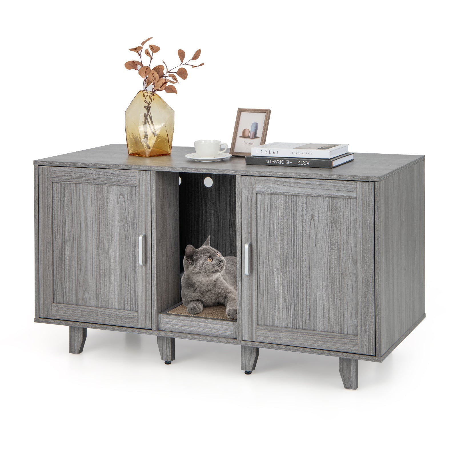 2-Door Cat Litter Box Enclosure with Winding Entry and Scratching Board Oak