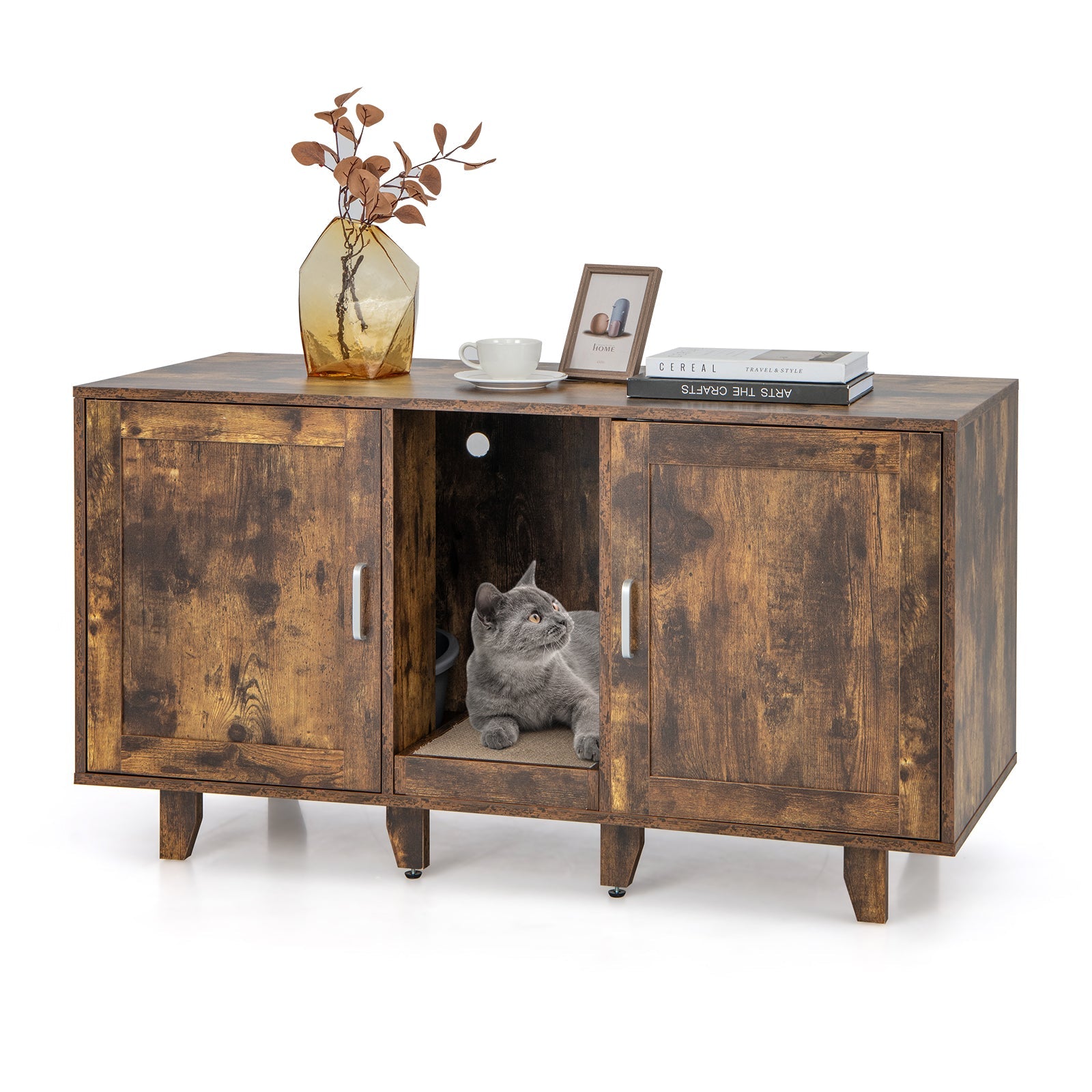 2-Door Cat Litter Box Enclosure with Winding Entry and Scratching Board Rustic Brown