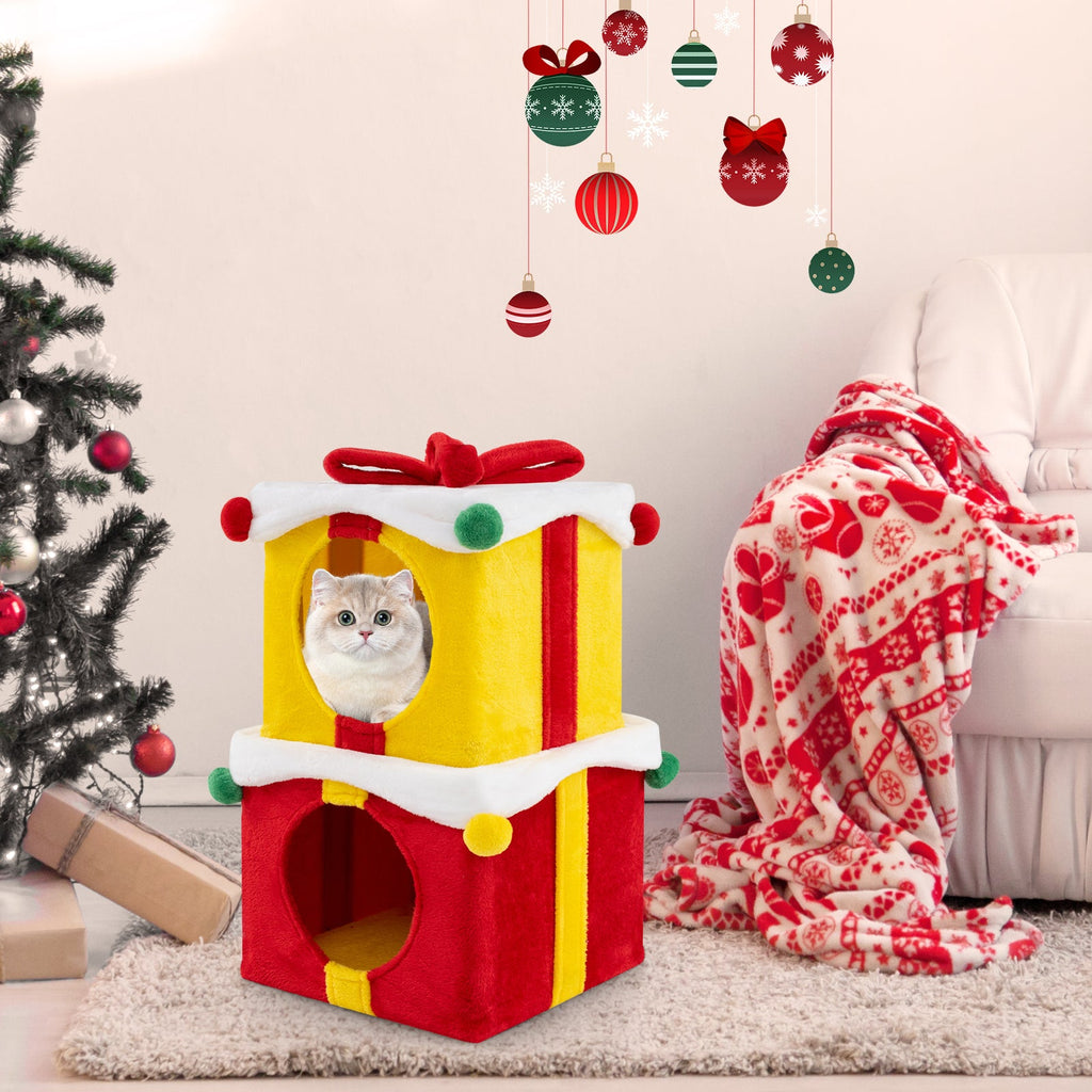 2 Gift Box Shaped Cute Christmas Cat House with Bow-Multicolor
