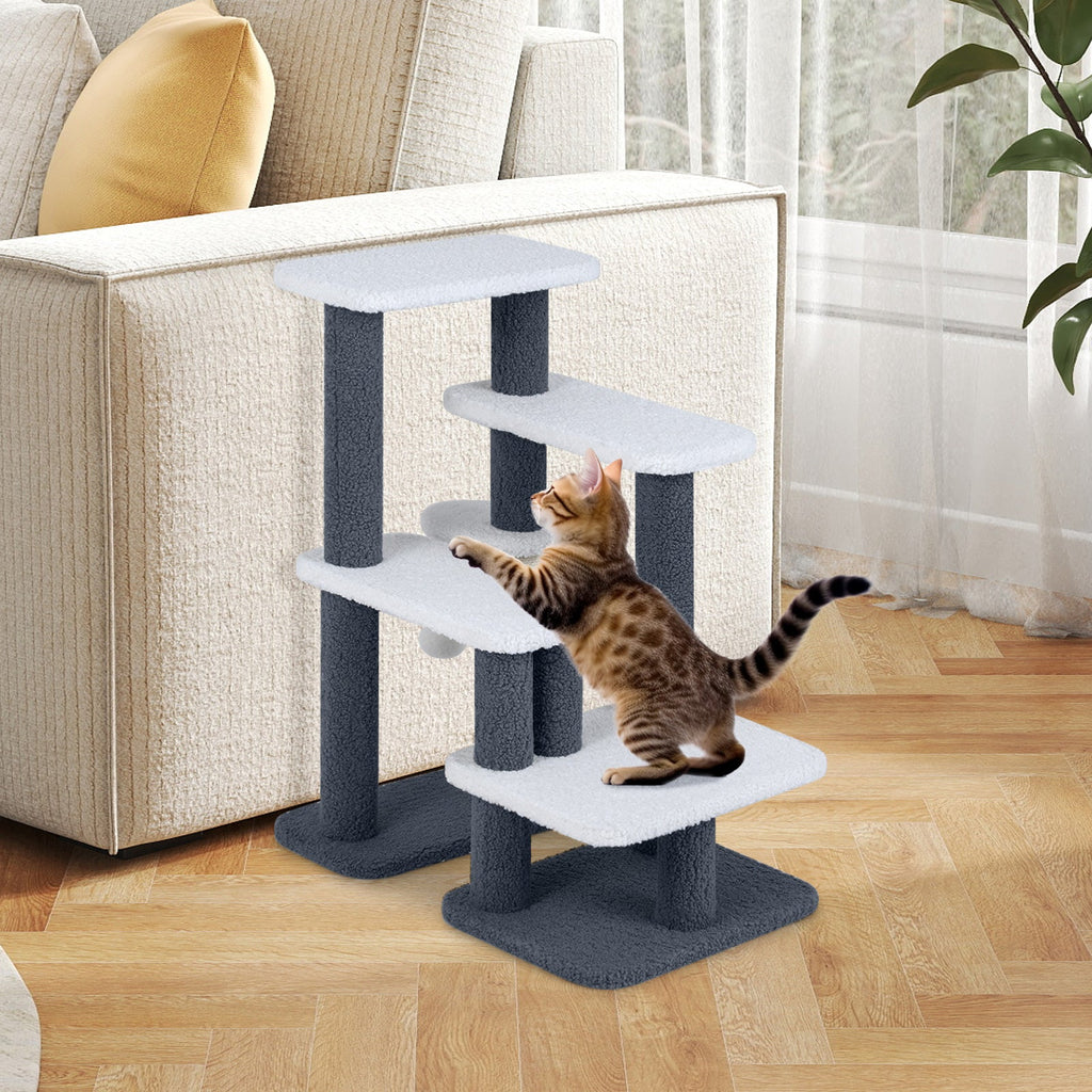 2-in-1 Cat Stairs Cat Tree Tower with Scratching Posts and Hanging Toy Ball-Gray