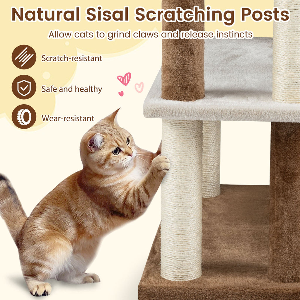 2-in-1 Cat Tree Tower Pet Steps with Sisal Scratching Posts and 4 Large Platforms-Brown