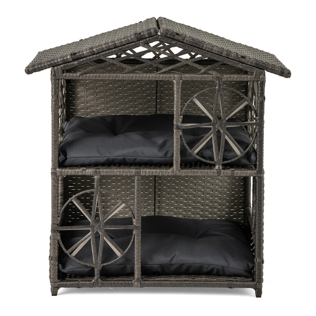 2-storey Wicker Cat House Rattan Kitten Condo Enclosure with Removable Cushions-Gray Default Title