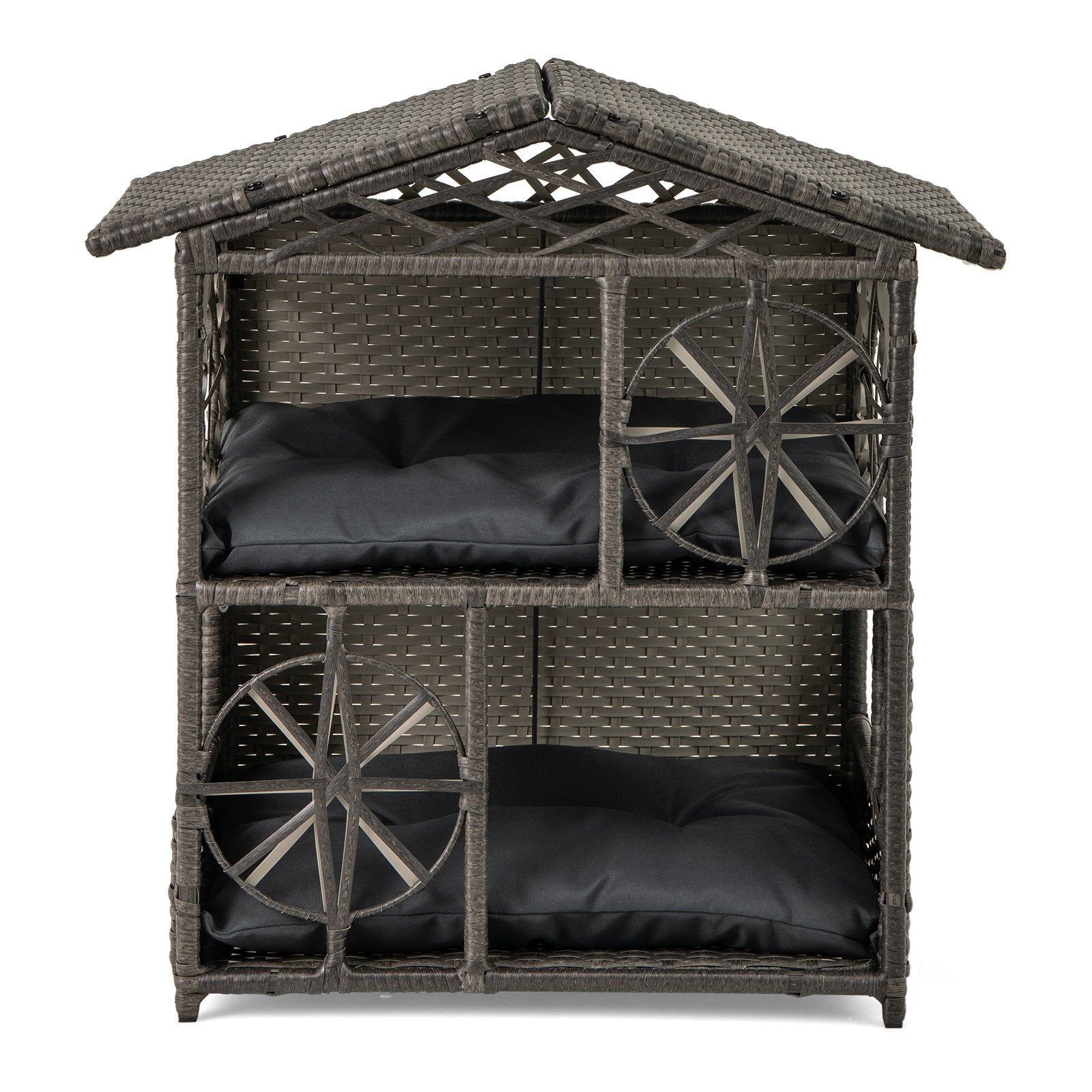 2-storey Wicker Cat House Rattan Kitten Condo Enclosure with Removable Cushions-Gray Default Title