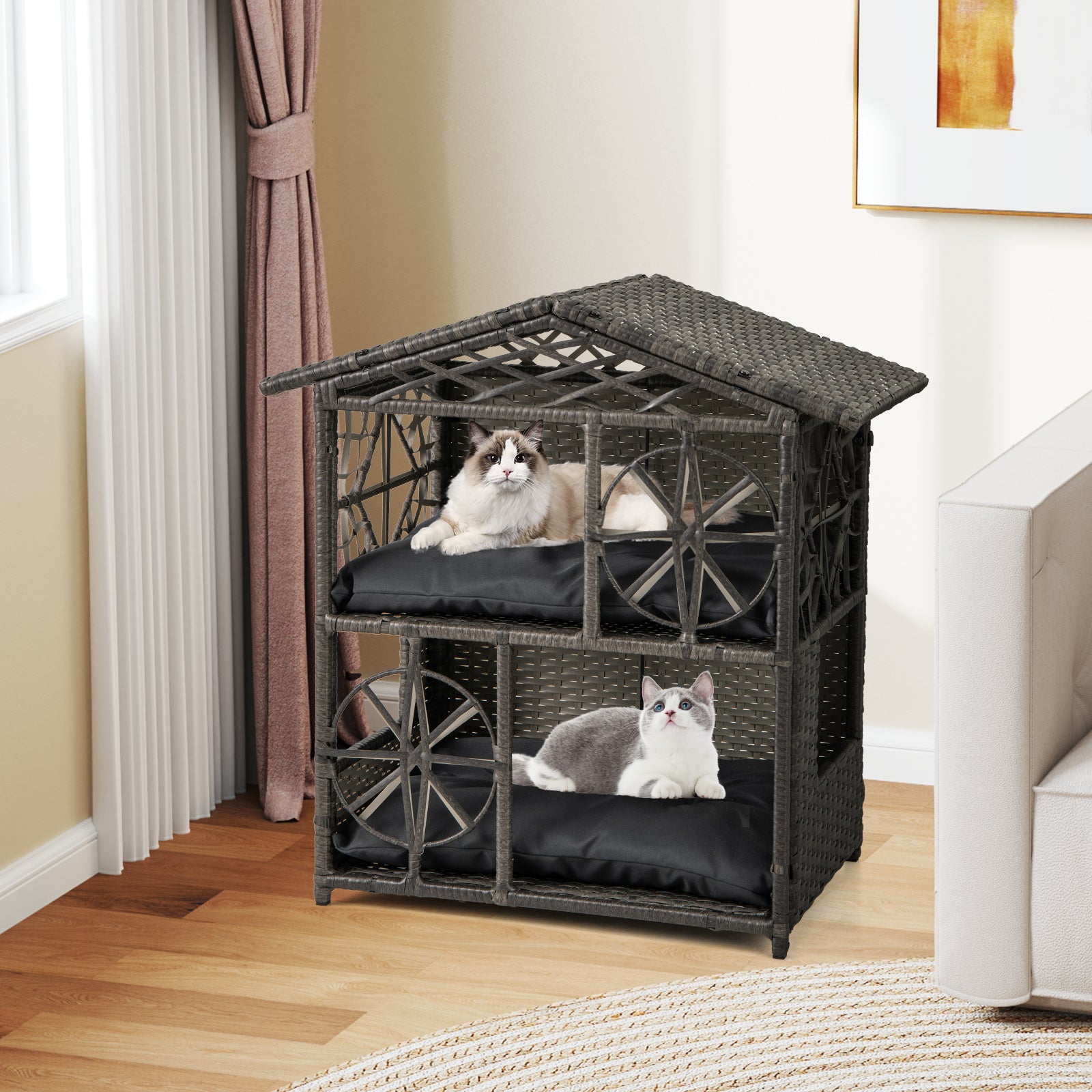 2-storey Wicker Cat House Rattan Kitten Condo Enclosure with Removable Cushions-Gray