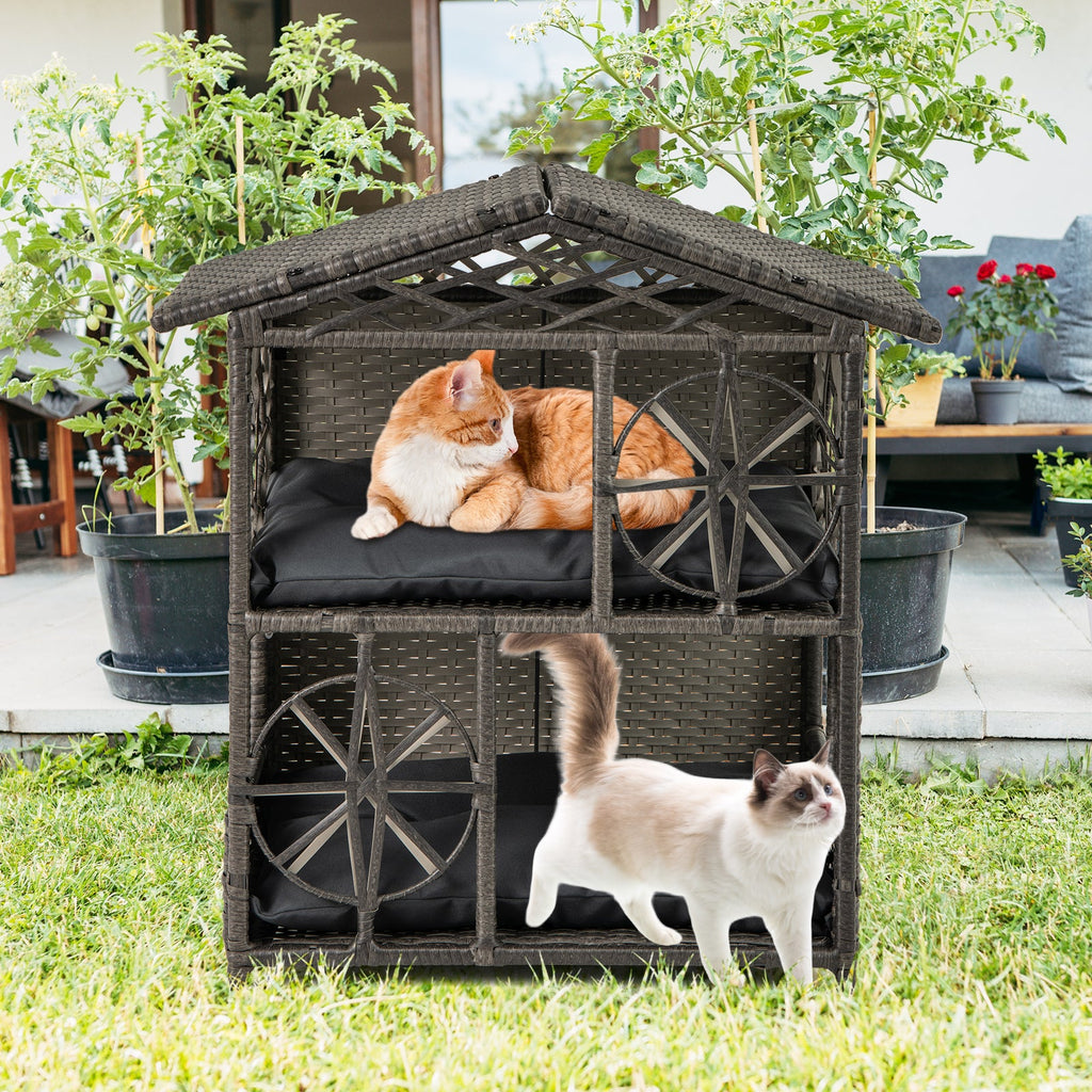 2-storey Wicker Cat House Rattan Kitten Condo Enclosure with Removable Cushions-Gray