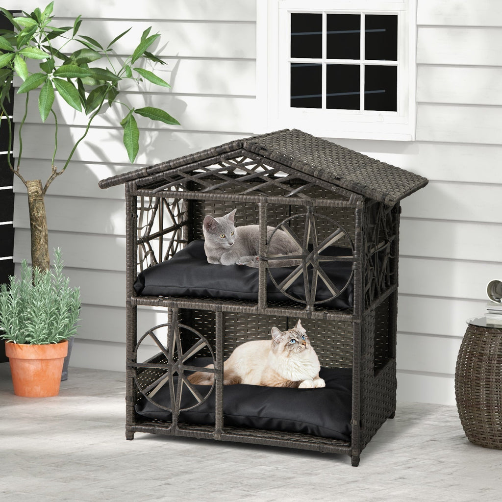 2-storey Wicker Cat House Rattan Kitten Condo Enclosure with Removable Cushions-Gray