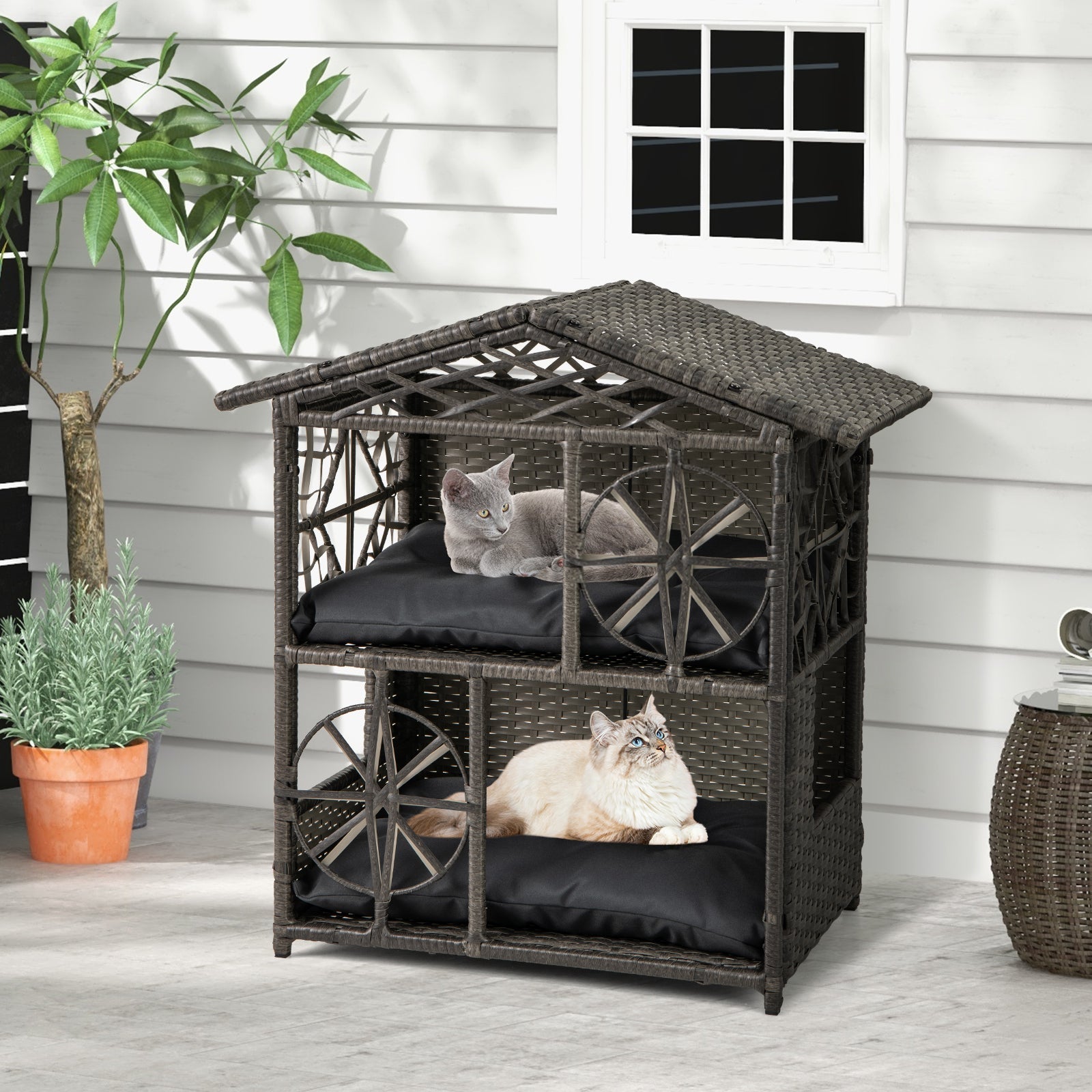 2-storey Wicker Cat House Rattan Kitten Condo Enclosure with Removable Cushions-Gray