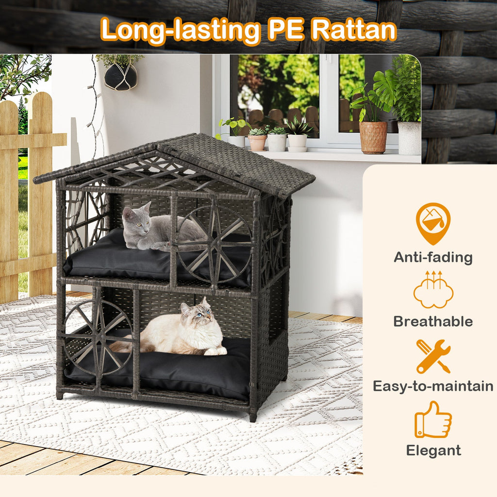 2-storey Wicker Cat House Rattan Kitten Condo Enclosure with Removable Cushions-Gray
