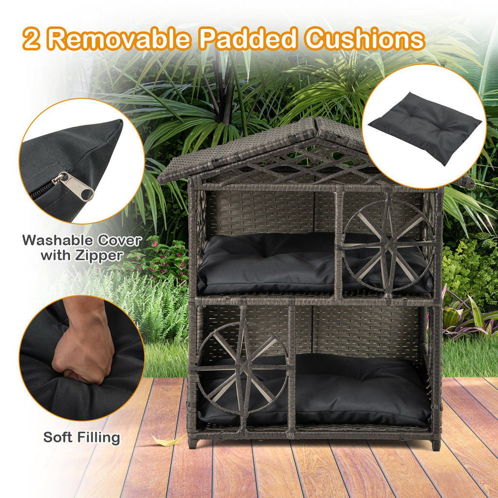 2-storey Wicker Cat House Rattan Kitten Condo Enclosure with Removable Cushions-Gray