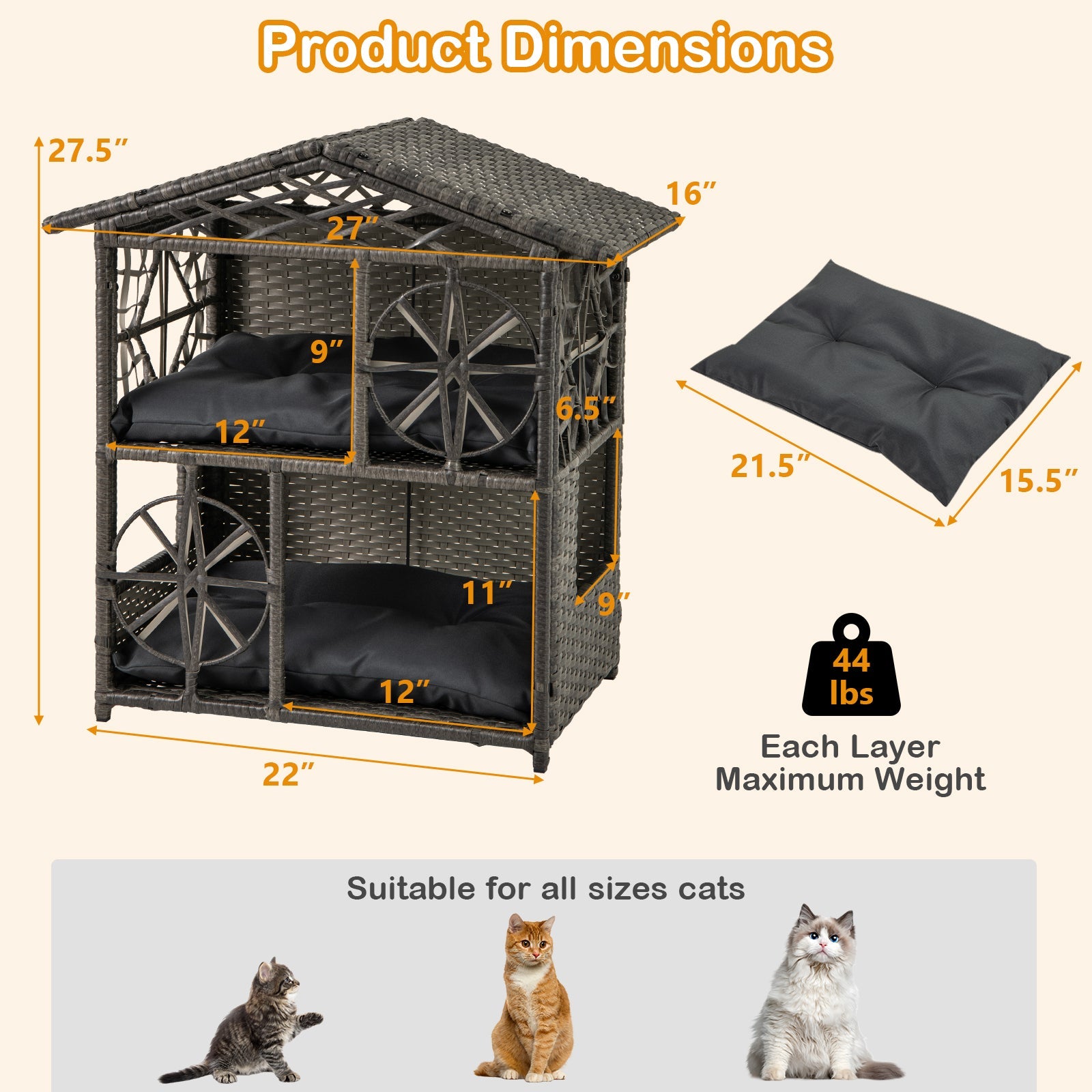 2-storey Wicker Cat House Rattan Kitten Condo Enclosure with Removable Cushions-Gray