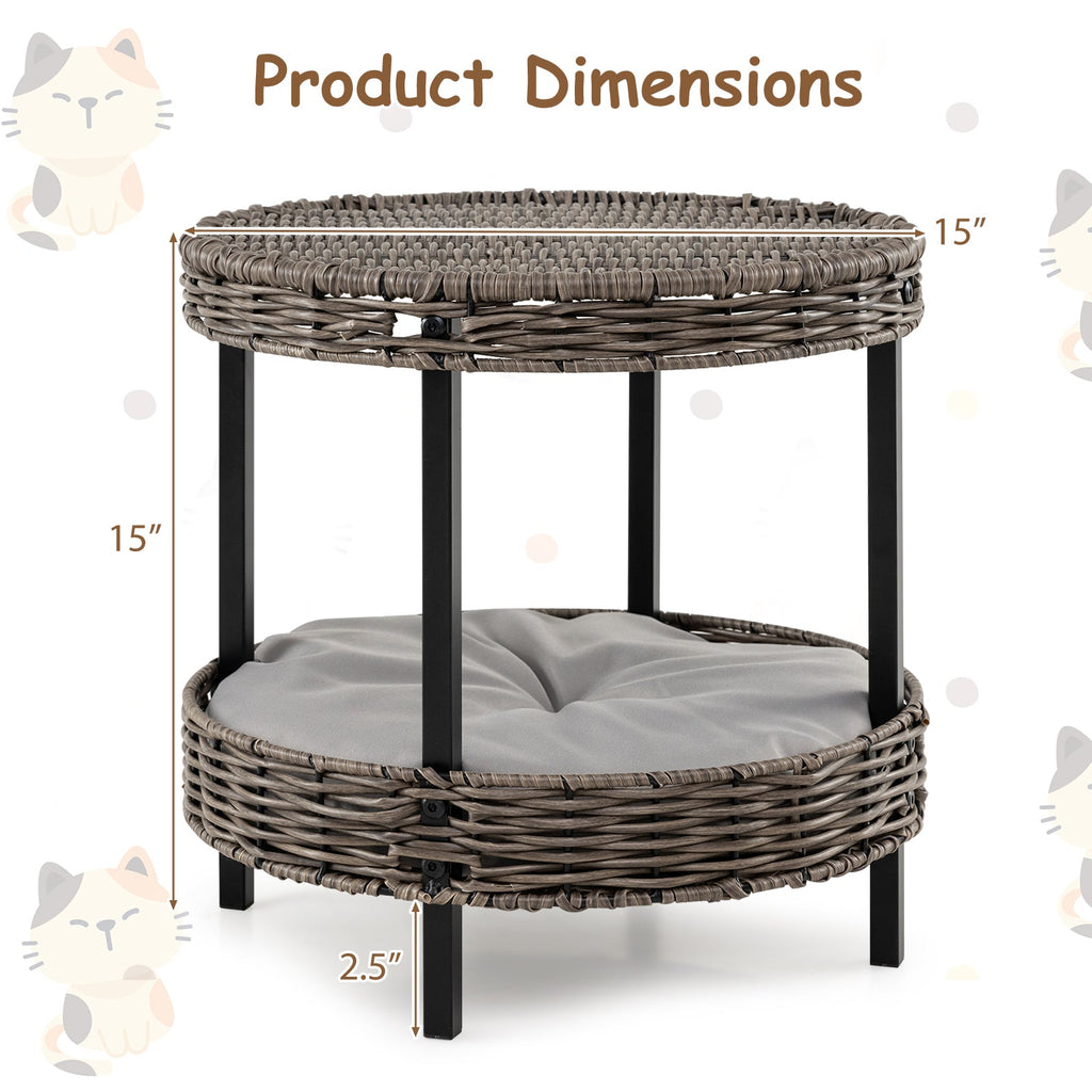 2-tier Rattan Cat Nest with Removable Padded Cushion-Gray