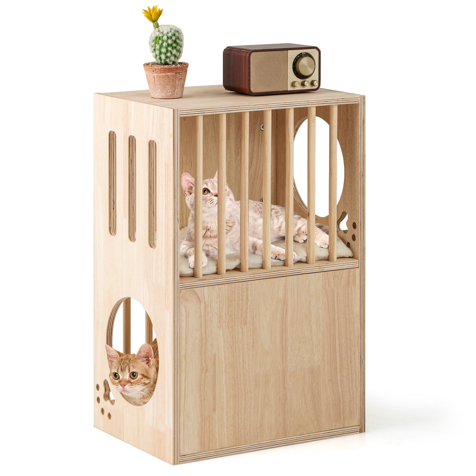 2-tier Wooden Cat Condo Indoor Symmetrical Cat House with Removable Cushions Default Title